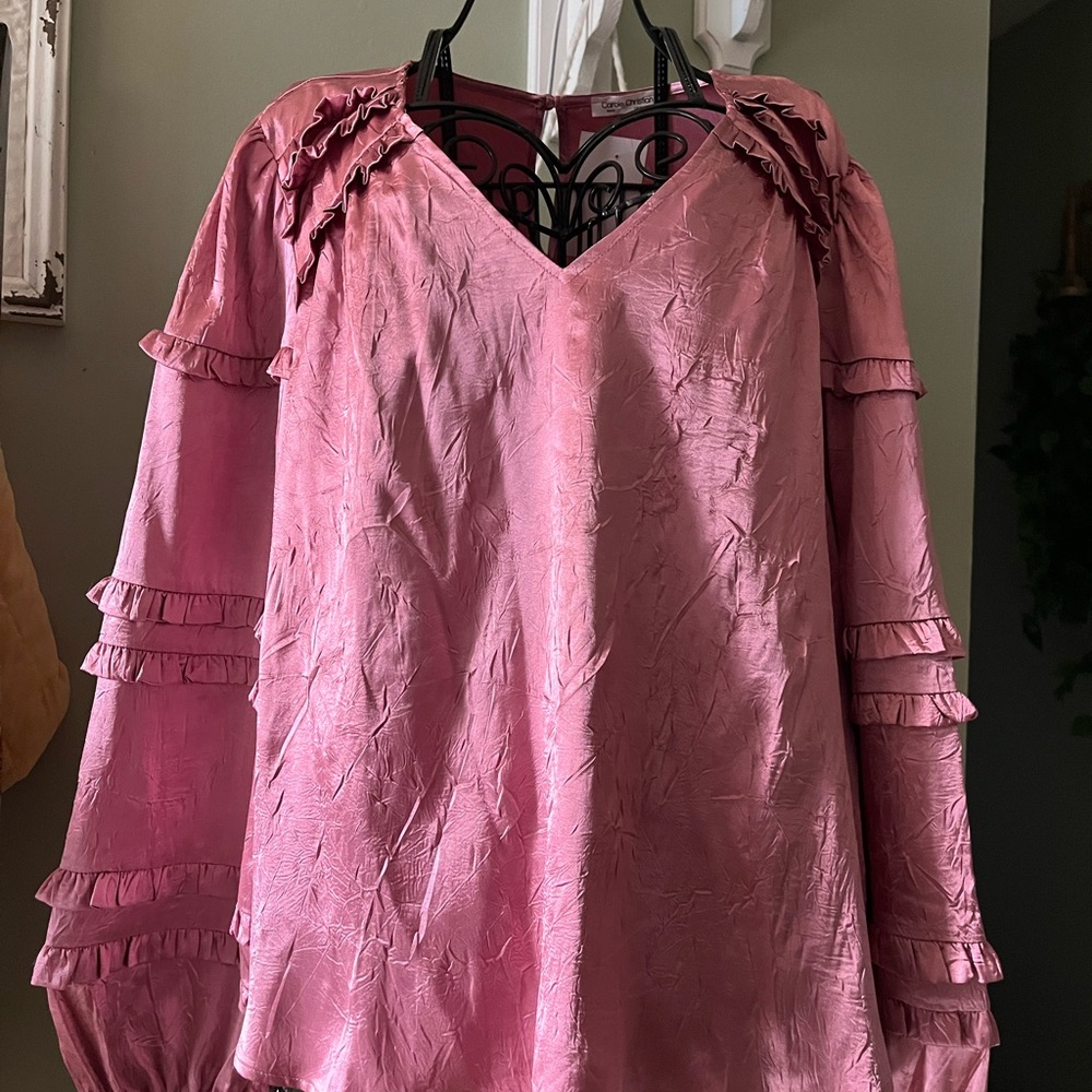 Pink Ruffled V-Neck Blouse with Layered Sleeve Detail